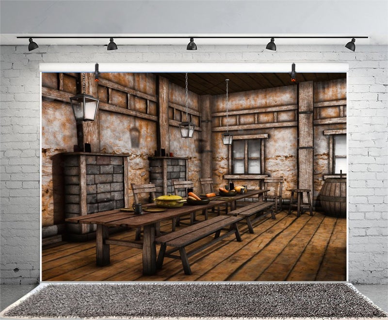 LFEEY 10x8ft Medieval Tavern Backdrop for Photography - Shabby West Cowboy Theme With Wood Bar Counter, Tables, Chairs - Wild West Party Decorations, Western Portraits Photo Studio Props - Image 4